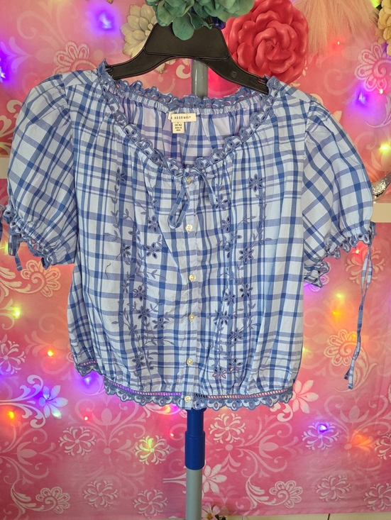 Free Assembly Tops - Free Assembly Blue Plaid Eyelet-Trim Blouse